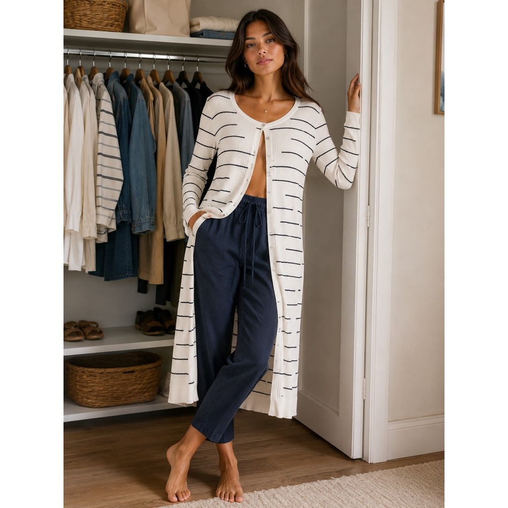 Cabi Duster Cardigan Sweater Dress M 5980 White Black Striped Ribbed Knit